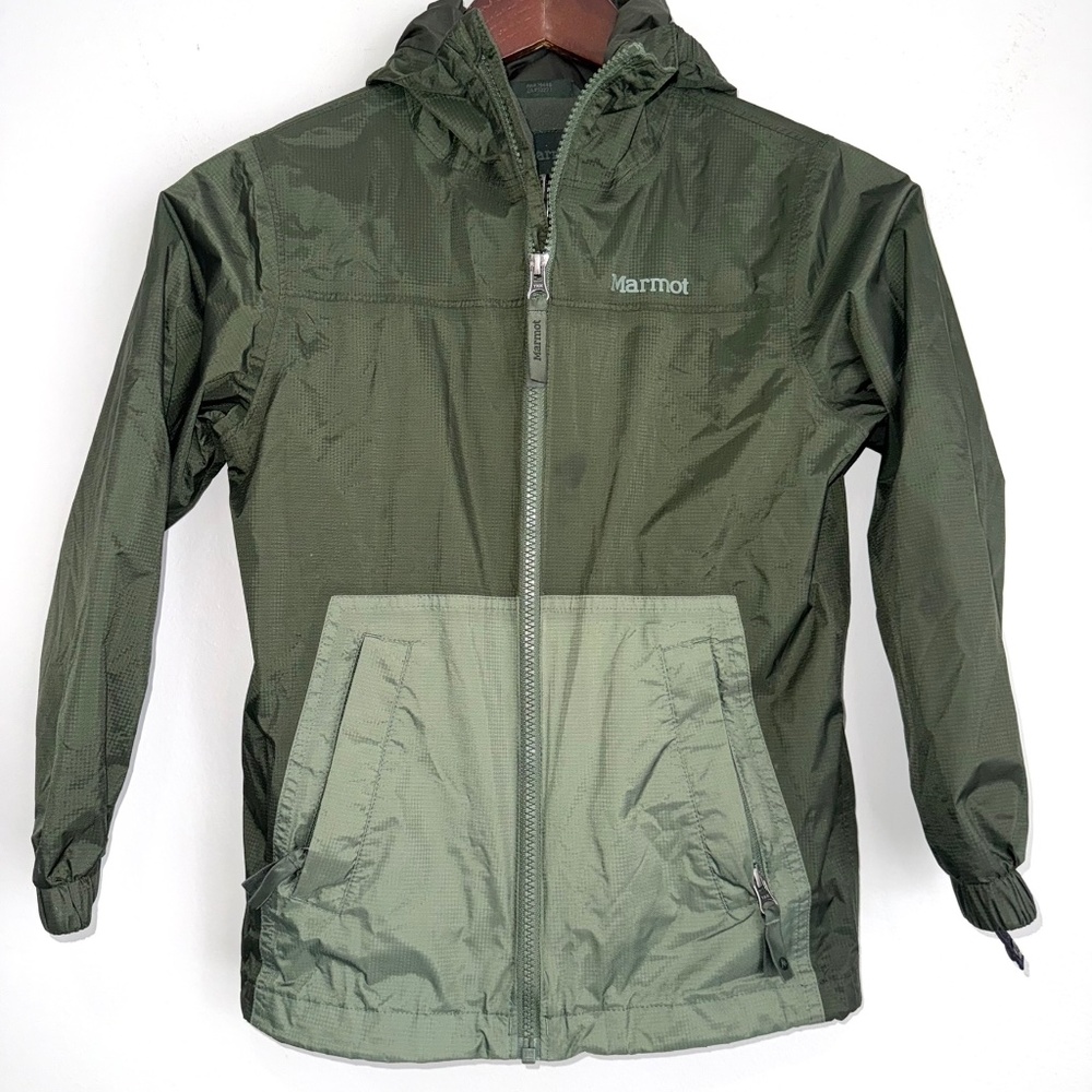 MARMOT Youth Small Olive Green Hooded Full Zip Windbreaker Rain Jacket D11